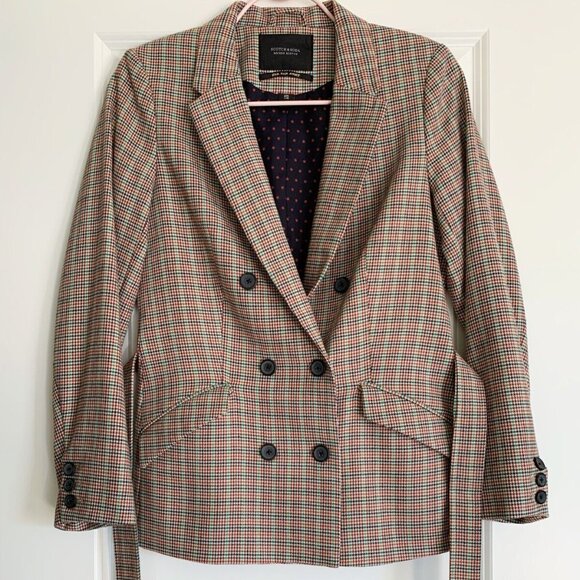 Scotch & Soda Double-Breasted Wool Blend Check Blazer in Brown Multi Size S